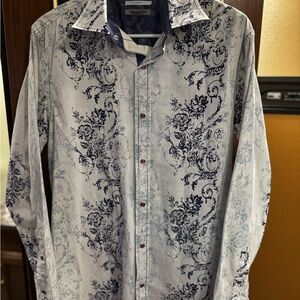 Johnston & Murphy Navy Floral Striped Shirt pearl snaps